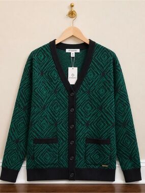 Women's Dark Green Geometric V-Neck Cardigan Sweater